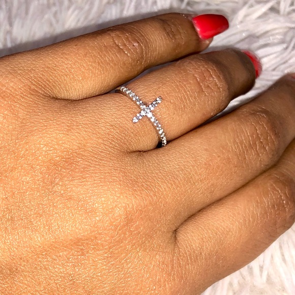 14k White gold vermeil REAL DIAMOND Cross ring, Gift for her, Free Appraisal WOW - Picture 5 of 6